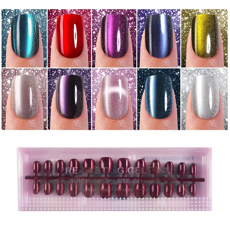 Plauva 240Pcs Cat Eye Press on Nails Short Square, Soft Gel Fake Nails, Glossy Glitter Cat Eye Nail Tips for Women and Girls Stick On Nails in 12 Sizes - Image 1